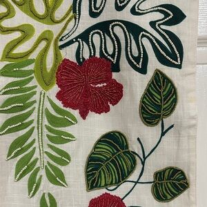 Floral Embroidered Fabric with Red and Green Leaves